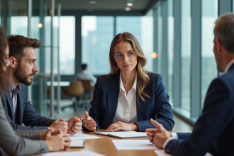 Jeune femme professionnelle en discussion en bureau moderne