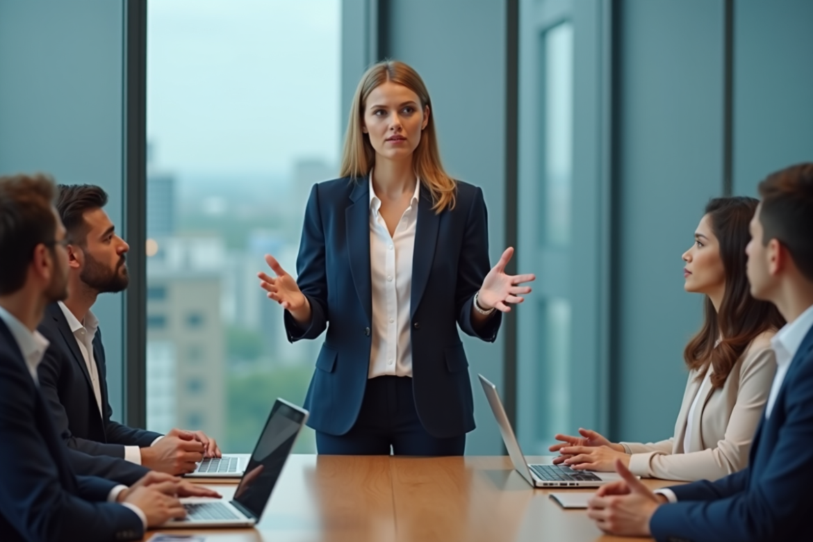 Femme confiante en réunion d'affaires dans un bureau moderne