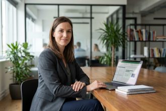 Femme confiante en blazer regardant des documents de formation