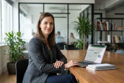 Femme confiante en blazer regardant des documents de formation