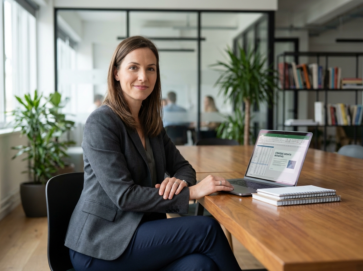 Femme confiante en blazer regardant des documents de formation