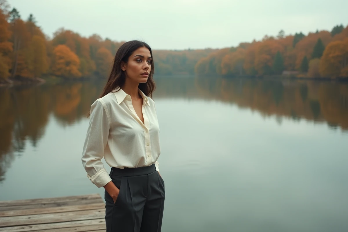Femme confiante debout sur un ponton en bois face à un lac en automne, symbolisant le dépassement de la peur de l'échec dans le développement personnel