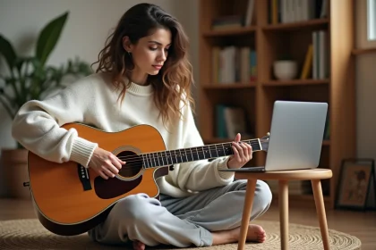 Jeune femme apprenant la guitare acoustique chez elle en suivant un cours en ligne sur un ordinateur portable