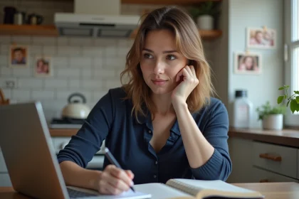 Femme en cuisine regardant son ordinateur portable