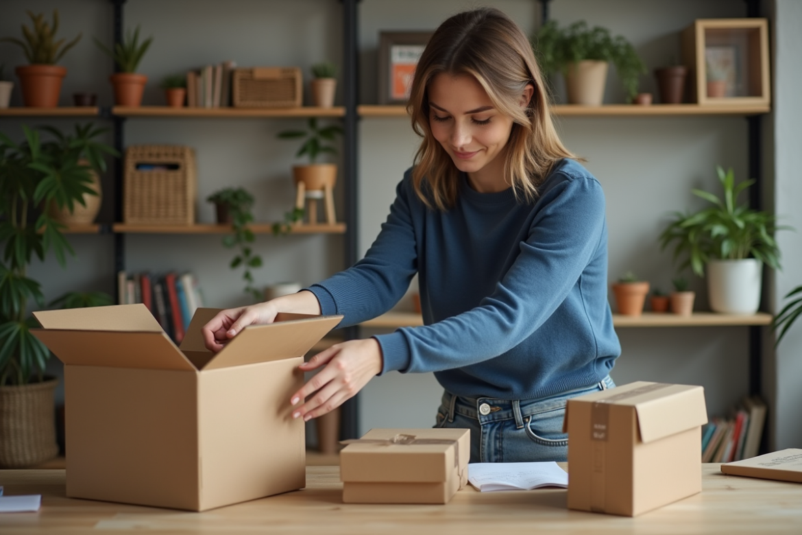 Femme emballant des petits colis dans un intérieur cosy