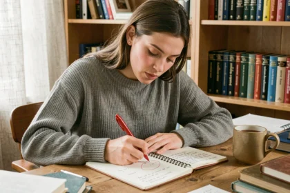 Jeune femme révisant des exercices de ponctuation dans un cahier sur un bureau en bois, entourée de livres de grammaire française