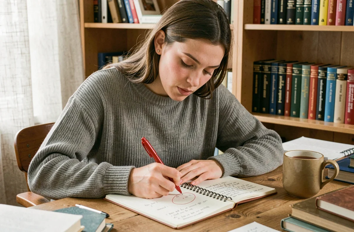 Jeune femme révisant des exercices de ponctuation dans un cahier sur un bureau en bois, entourée de livres de grammaire française