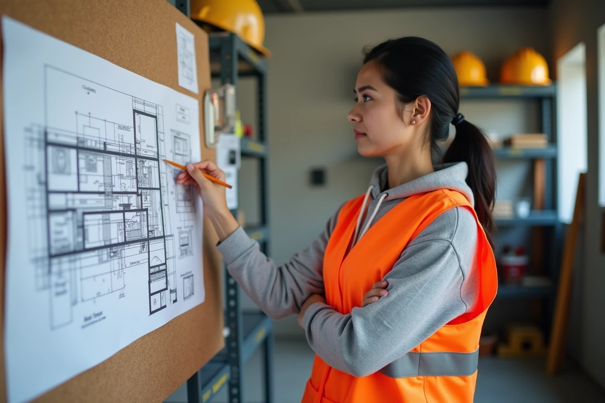 Femme en formation BTP analysant un plan technique pour préparer un test d'entrée