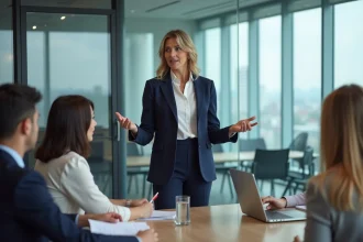 Femme en réunion de leadership dans une salle moderne