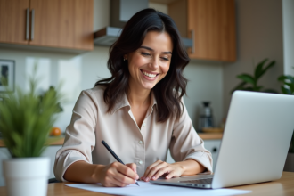 Femme souriante travaillant à la maison dans une cuisine moderne