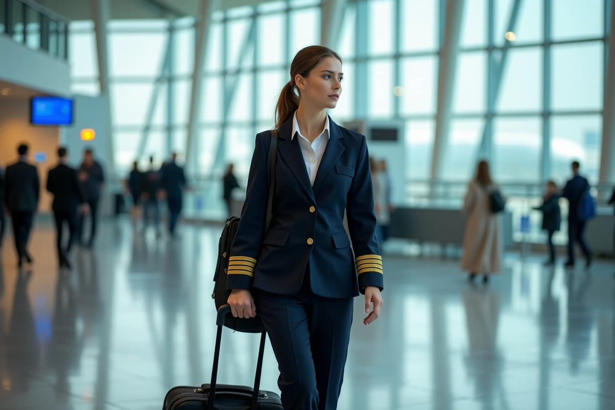 Femme pilote en uniforme traversant un terminal d'aéroport européen avec bagage cabine