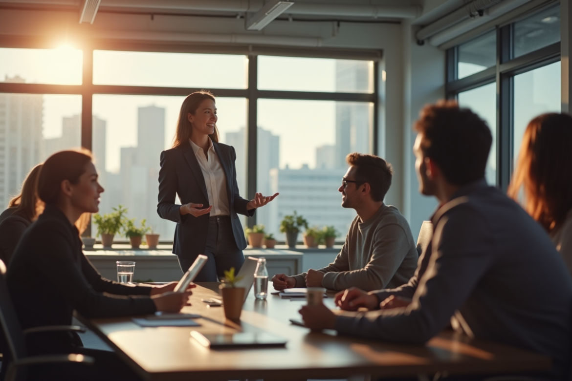 Femme confiante donnant une présentation à une équipe diverse