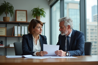 Femme professionnelle en formation avec un conseiller en bureau