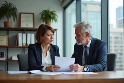 Femme professionnelle en formation avec un conseiller en bureau
