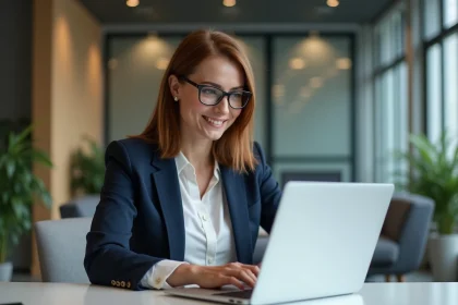 Femme professionnelle concentrée sur son ordinateur dans un bureau moderne