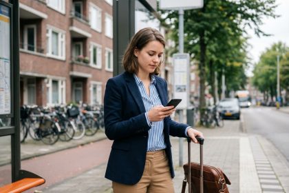 Jeune femme professionnelle au bus avec valise et téléphone