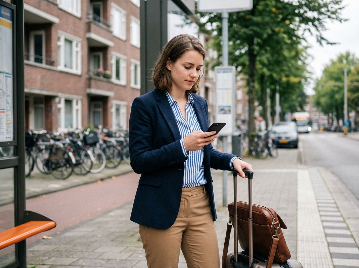 Jeune femme professionnelle au bus avec valise et téléphone