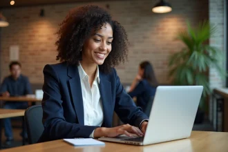 Jeune femme professionnelle consultant un site emploi culture sur ordinateur portable dans un espace de coworking moderne