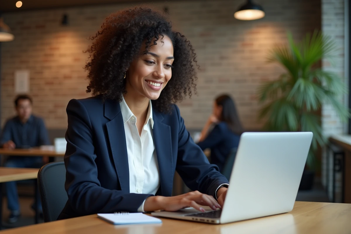 Jeune femme professionnelle consultant un site emploi culture sur ordinateur portable dans un espace de coworking moderne