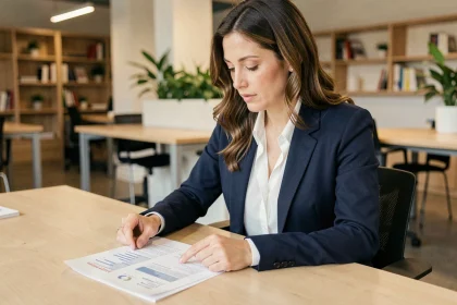 Femme cadre en reconversion professionnelle consultant des documents de bilan de compétences dans un espace de coworking moderne