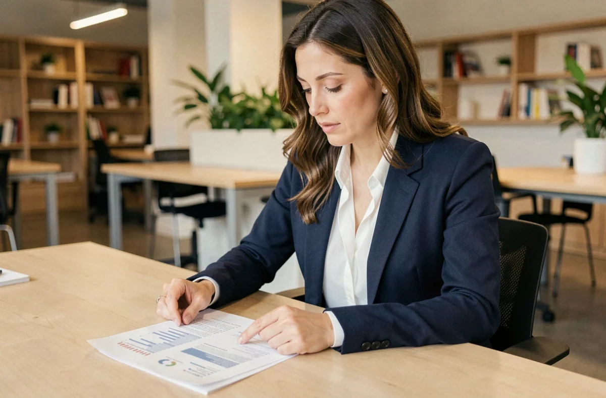 Femme cadre en reconversion professionnelle consultant des documents de bilan de compétences dans un espace de coworking moderne