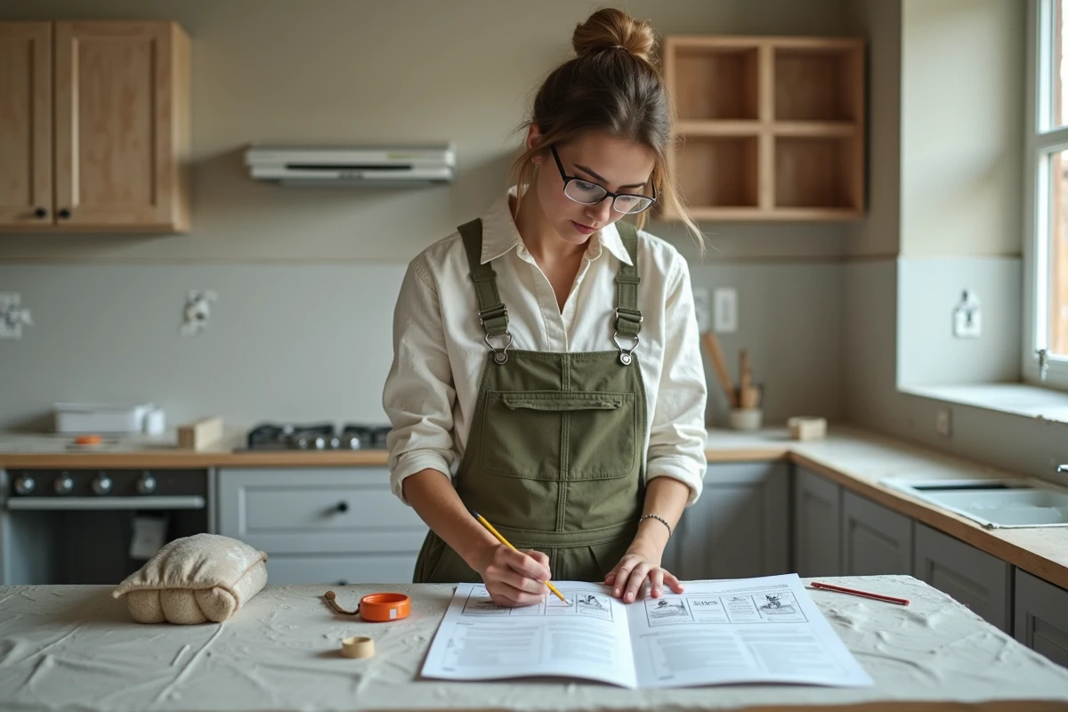 Femme en salopette consultant des tutoriels de bricolage imprimés dans une cuisine en cours de rénovation avec carrelage et outils de pose