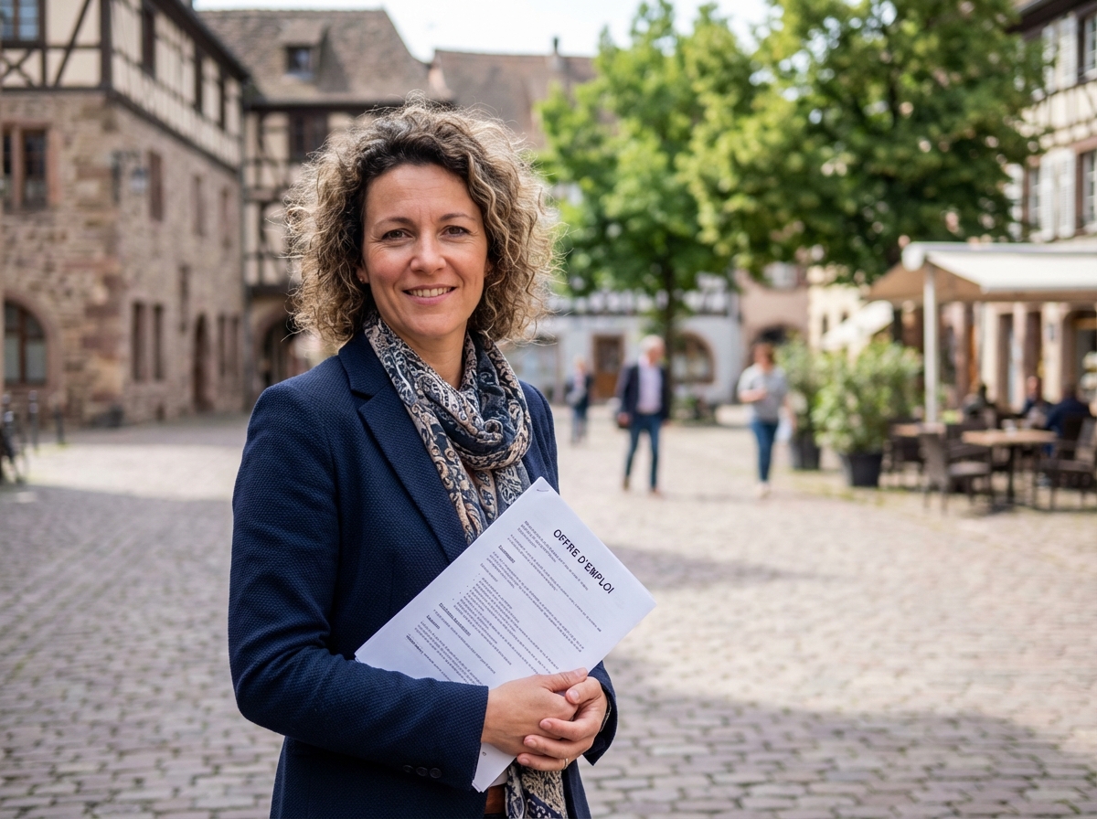 Femme souriante devant la place de Sélestat avec offre d