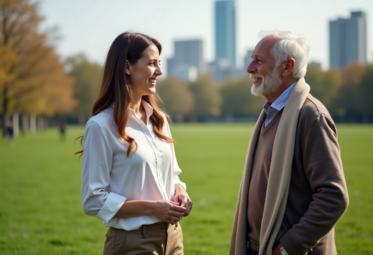 Jeune femme souriante parlant à un homme âgé dans un parc urbain