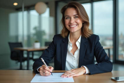 Femme souriante signant un document dans un bureau moderne