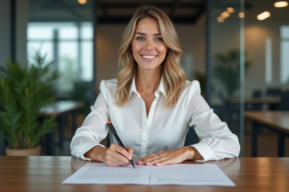 Femme signant un contrat dans un bureau moderne