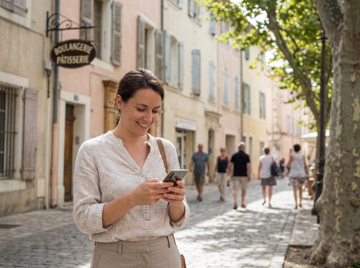 Femme en blouse dans une rue provençale ensoleillée
