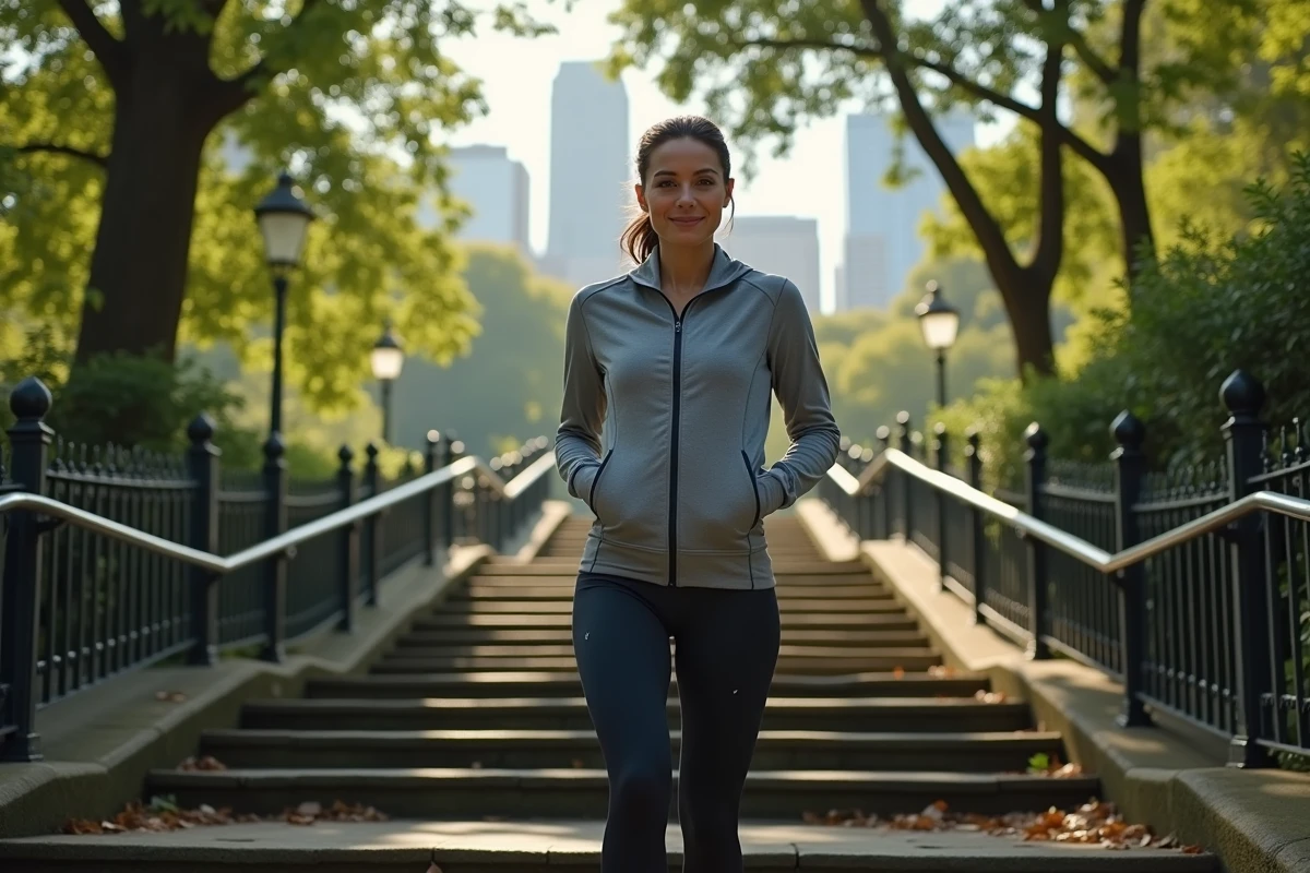 Femme sportive au sommet d'un escalier en pierre dans un parc urbain, symbolisant le dépassement des obstacles personnels et la résilience face à l'échec