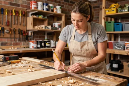 Femme adulte apprenant à mesurer et tracer une planche en bois lors d'un stage bricolage Bricoludik