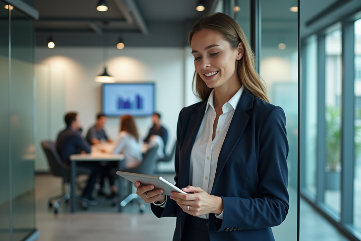 Femme en blazer bleu analysant une strategie marketing