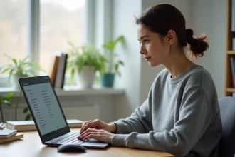 Femme concentrée passant un test de QI en ligne sur un ordinateur portable dans un bureau à domicile