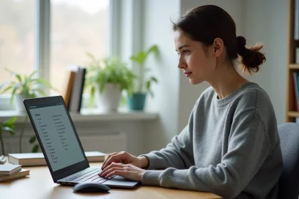 Femme concentrée passant un test de QI en ligne sur un ordinateur portable dans un bureau à domicile