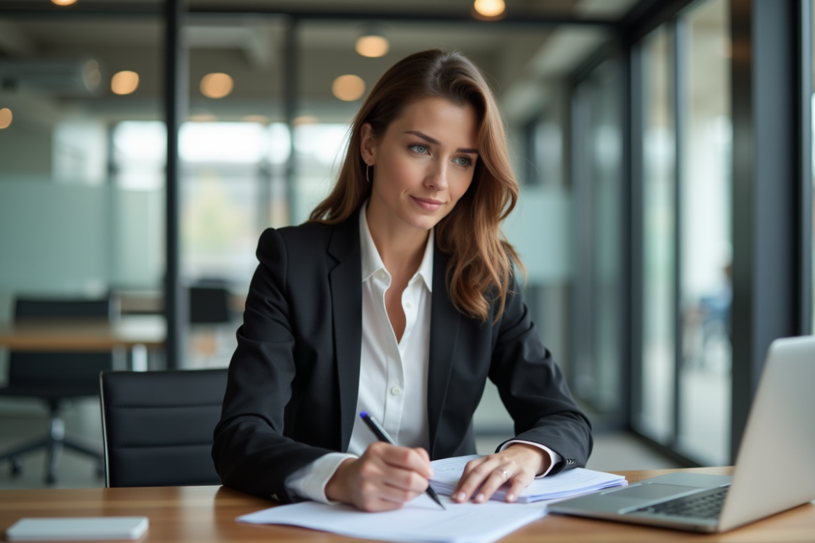 Femme en bureau moderne en train de prendre des notes