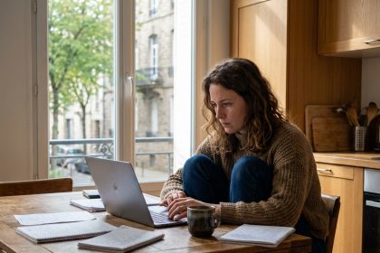 Femme travaillant sur un ordinateur dans une cuisine moderne à Rennes