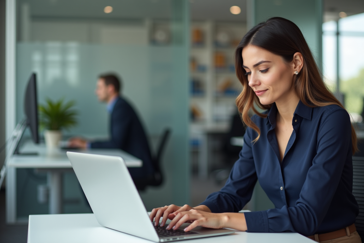 Femme au bureau travaillant sur un ordinateur dans un espace moderne