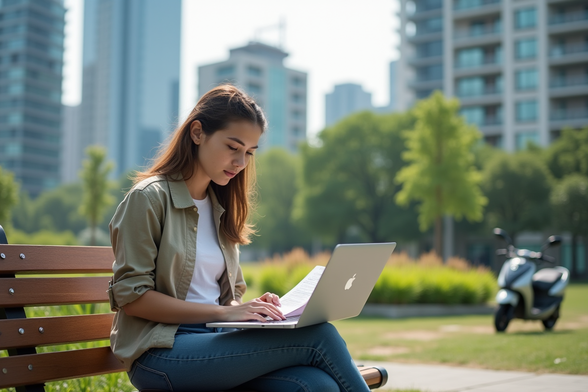 Jeune femme travaillant sur un ordinateur dans un parc urbain