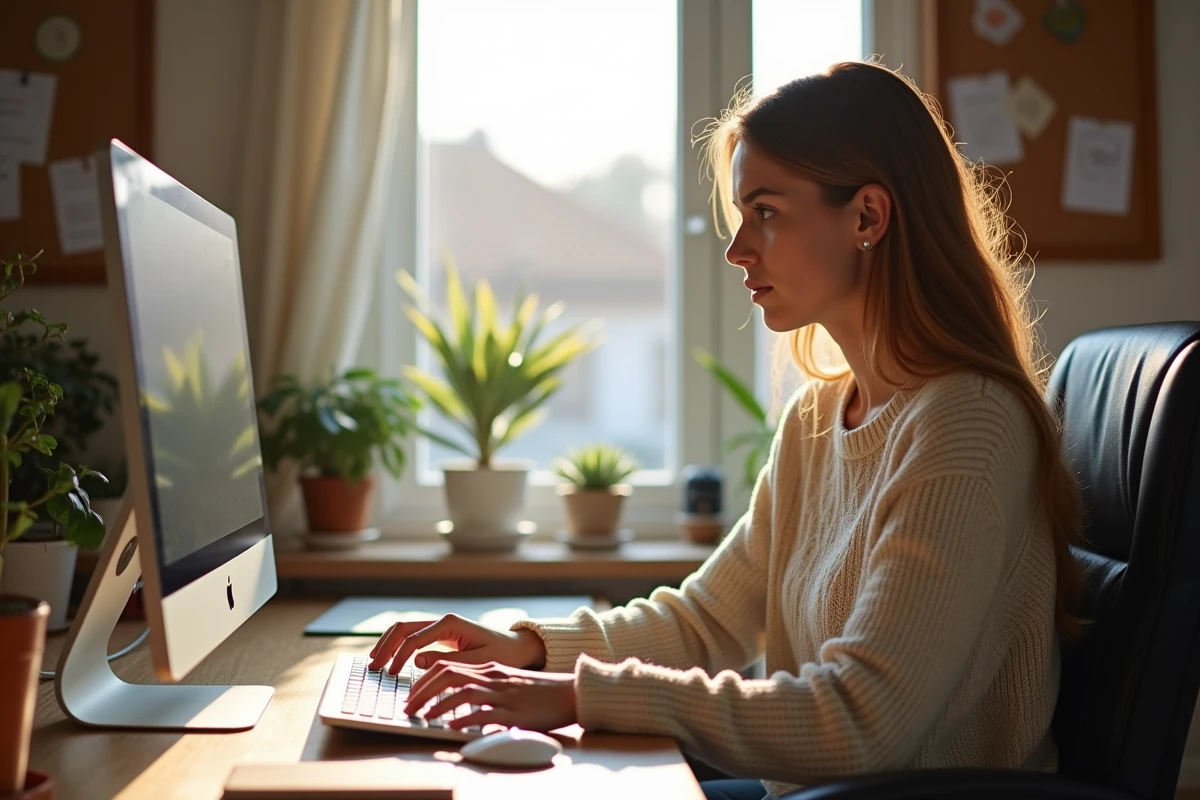 Jeune femme utilisant un PC dans un salon lumineux