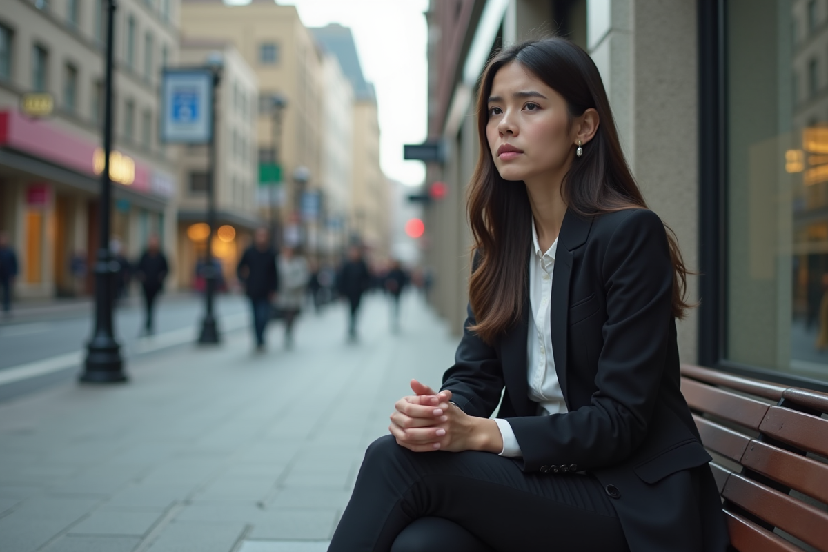 Jeune femme assise en ville avec une expression pensive
