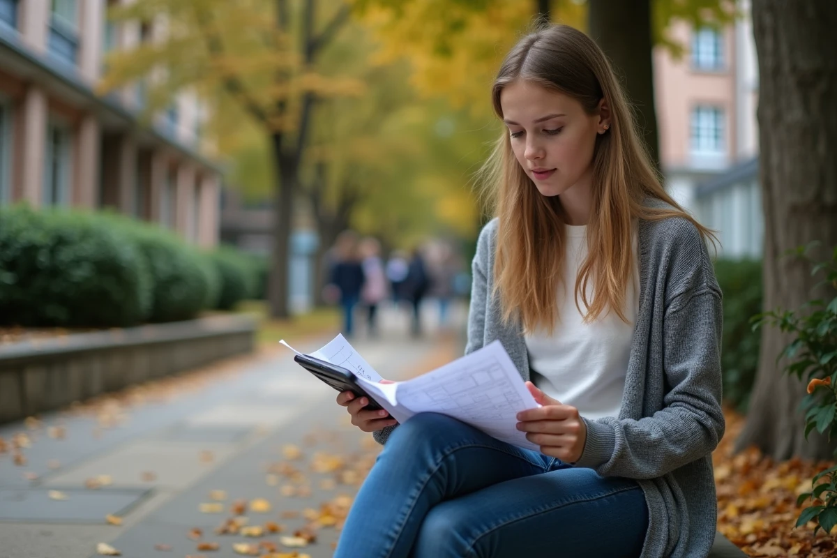 Fille étudiante réfléchissant en dehors avec papiers et calculatrice