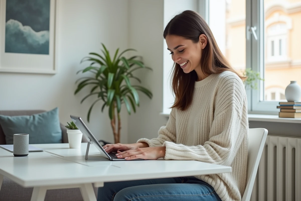 Jeune femme utilisant une tablette pour jouer du piano à domicile
