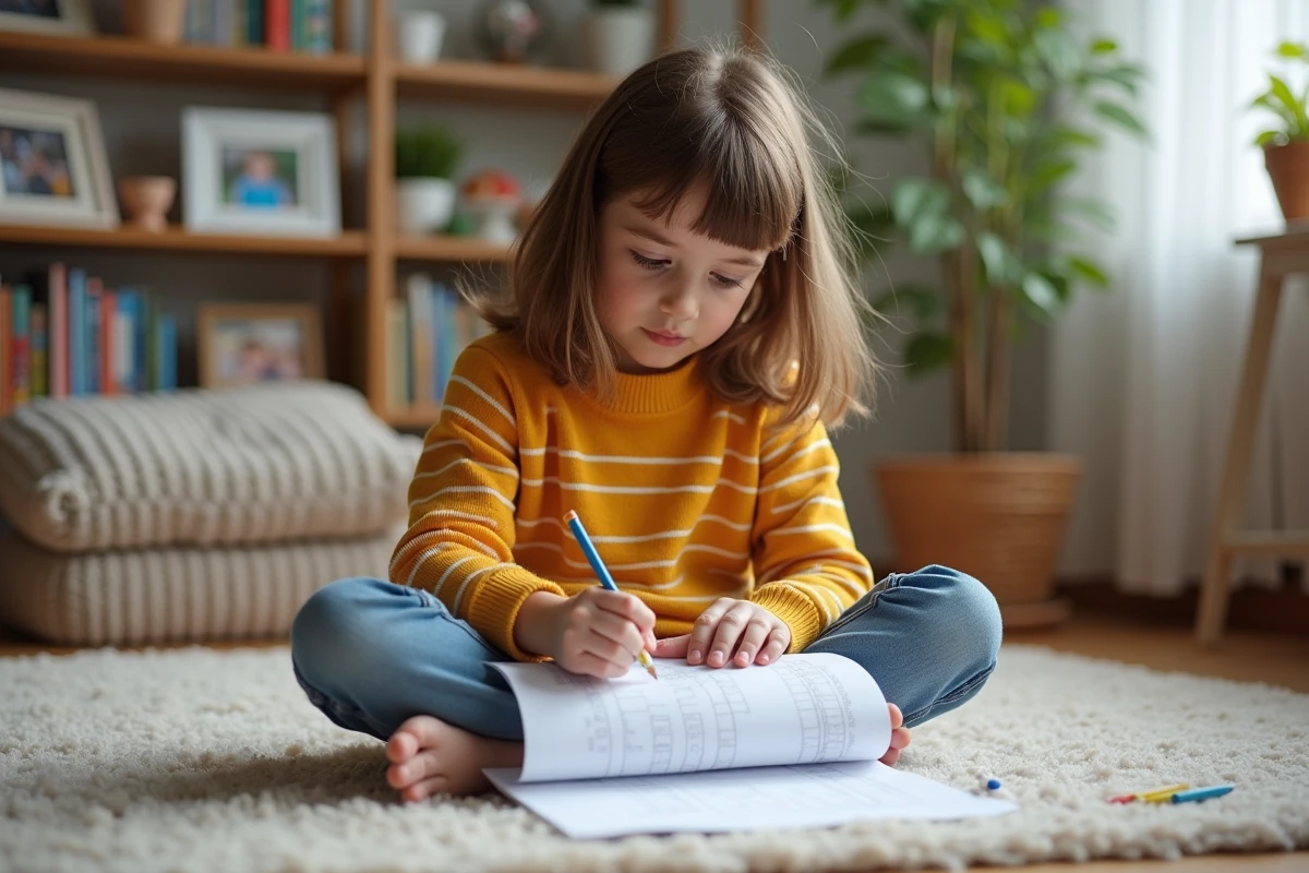 Jeune fille de 7 ans travaillant sur un exercice à la maison