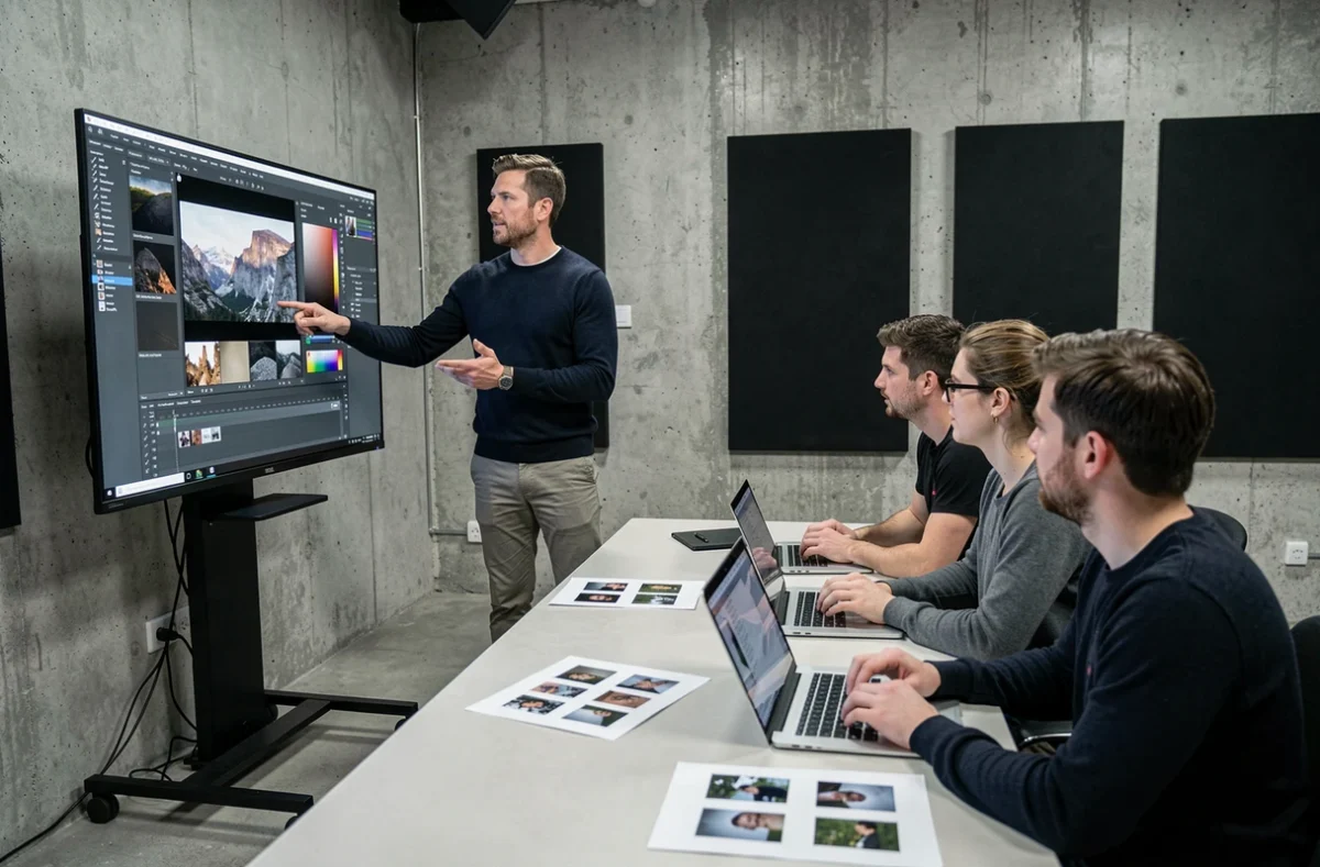 Instructeur de photographie expliquant la retouche d'images RAW à des étudiants en formation professionnelle devant un grand écran dans un studio moderne