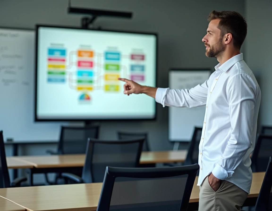 Formateur présentant une stratégie de segmentation d'élèves sur un écran interactif dans une salle de formation moderne