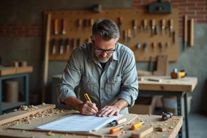 Artisan en formation bricolage mesurant une planche en bois dans un atelier professionnel