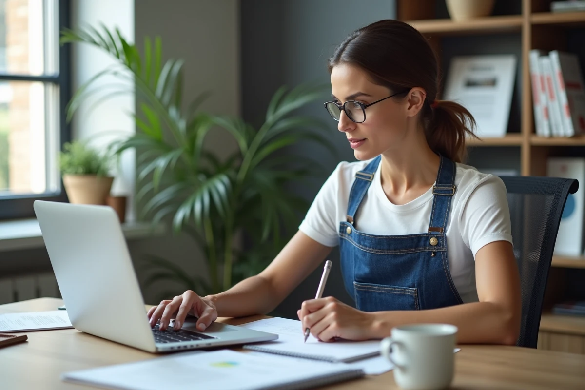 Femme suivant une formation bricolage CPF en ligne depuis son bureau à domicile