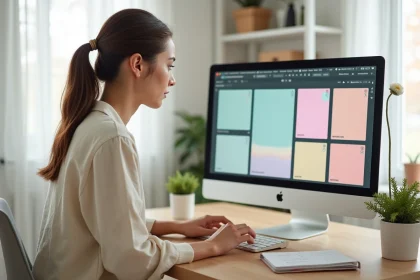 Jeune femme suivant une formation Canva sur ordinateur pour créer un feed Instagram cohérent